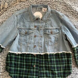 Princess Polly Light Blue Denim & Green Plaid Mixed-Media Jacket